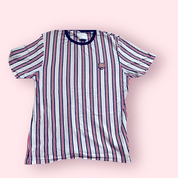 Denim&Flower Men Crew Neck Short Sleeve Stripe T-shirt, Beige and Green and Red - Picture 4 of 6